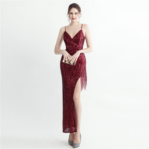 Color-Burgundy-Heavy Industry Craft Beaded Plaid Sequin Side Slit Sexy Suspenders Dress-Fancey Boutique