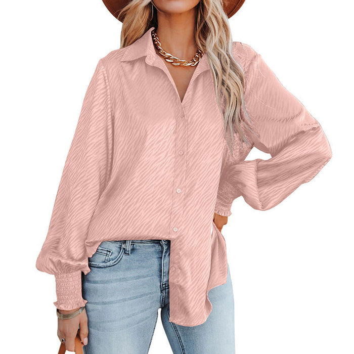 Color-Pink-Women Clothing Zebra Pattern Collared Breasted Loose Top Lantern Long Sleeve Shirt for Women-Fancey Boutique