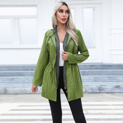 Color-Women Clothing Casual Waist Tight Double Zipper Contrast Color Coat Mid Length Long Sleeve Hood Windbreaker Explosion-Fancey Boutique