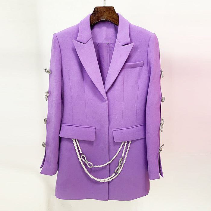Color-Dyed Fabric Dignified Sense of Design Sleeve Hollow Out Cutout Jeweled Bow Pearl Blazer Dress-Fancey Boutique