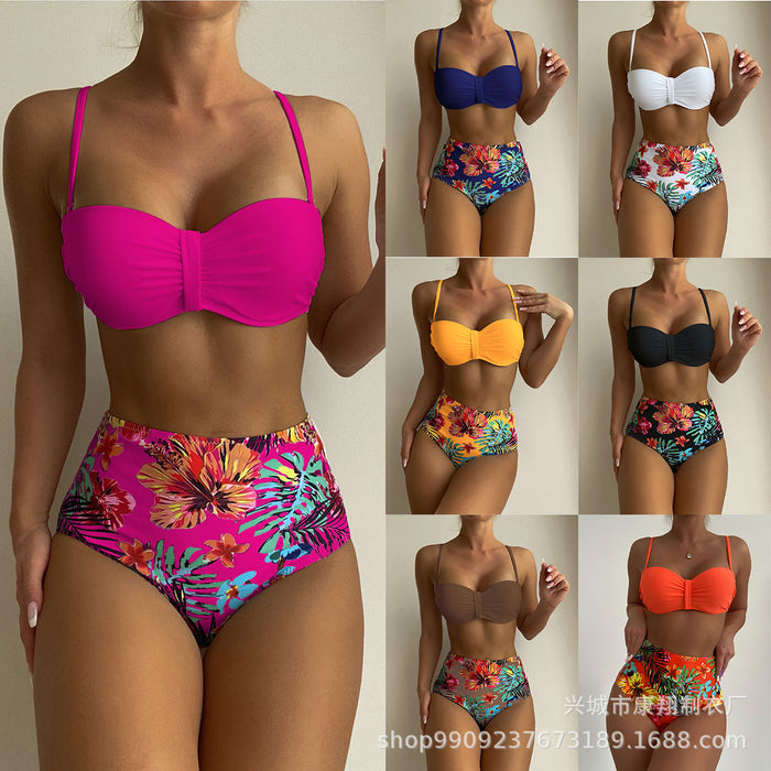 Color-Swimsuit Women Split Bikini Retro Sexy Solid Color Printing Bikini Wear-Fancey Boutique