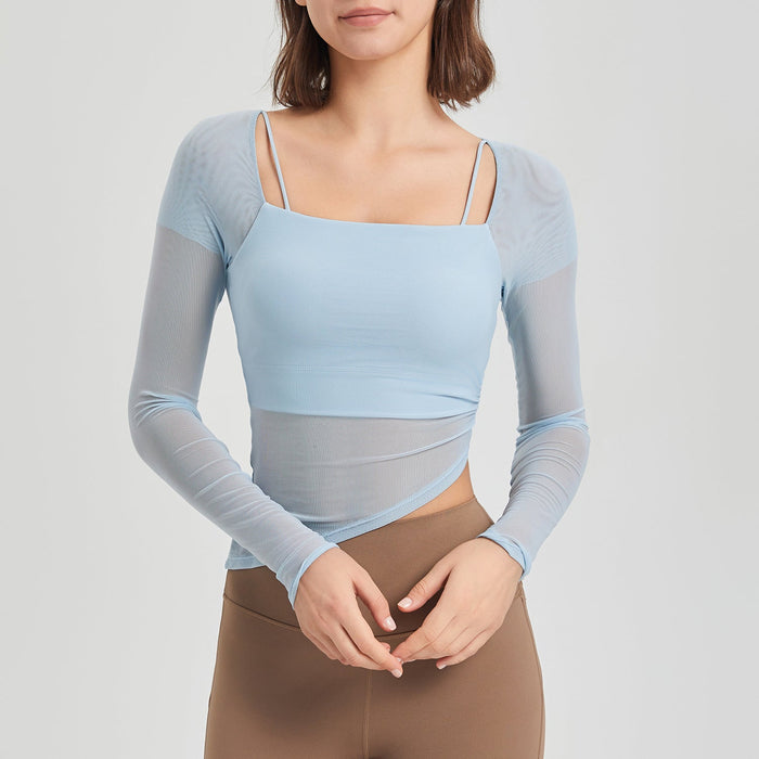 Color-Very pale blue-Faux Two Piece Mesh Fixed Cup Sports Underwear Women Outer Wear Running Abdominal Exercising Band Chest Pad Yoga Clothes Long Sleeved Top Autumn-Fancey Boutique