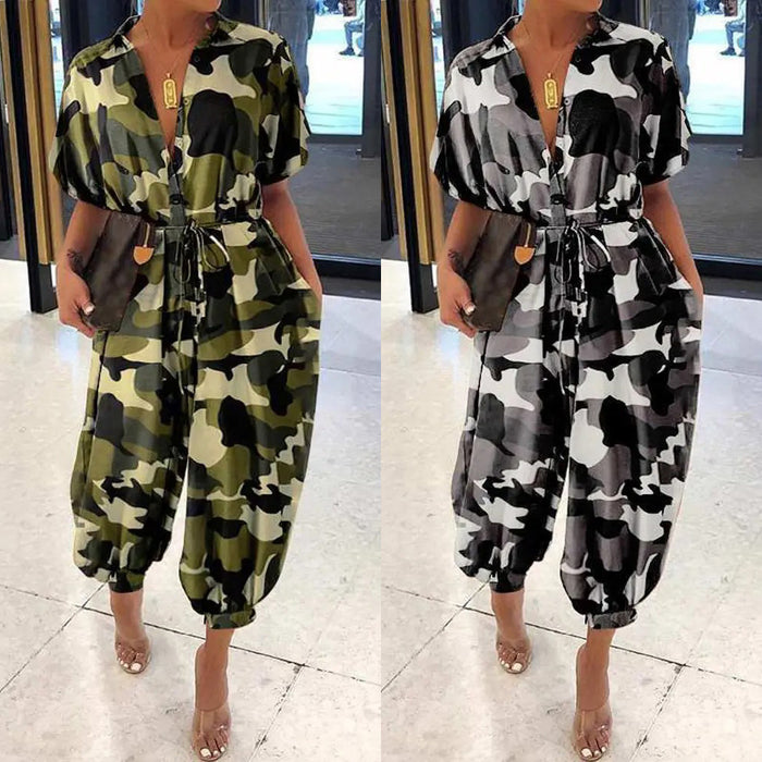 Color-Summer Camouflage Short Sleeve Collared High Waist Casual Loose Jumpsuit Women-Fancey Boutique