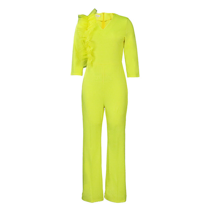 Color-Yellow-Women Clothing Autumn Elegant V neck Wide Leg Jumpsuit-Fancey Boutique