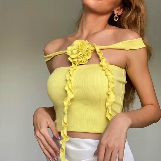 Color-Spring Sexy French Three Dimensional Floral Ribbon Halter Stitching Tube 3D Rose Top Vest for Women-Fancey Boutique