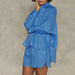 Color-Blue-New Spring Summer Cotton Linen Blue Batwing Sleeve Collared Shirt Long Sleeve Shorts Two-Piece Pleated Women Suit-Fancey Boutique