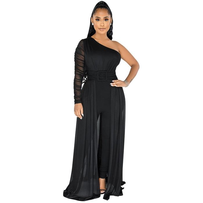 Color-Black-Solid Color Sexy Mesh See-through One Shoulder Diagonal Collar Long Sleeve Trousers Jumpsuit Women-Fancey Boutique