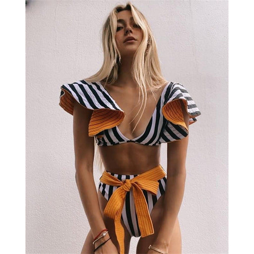 Color-Split Swimsuit Women Bikini Striped Heavy Industry Pressure Line High Waist Bikini-Fancey Boutique