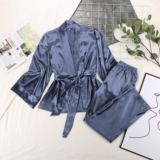 Color-Blue2-Spring Satin Long Sleeve Cardigan Lace up Nightgown Set Women Home Loose Trousers Pajamas Set-Fancey Boutique