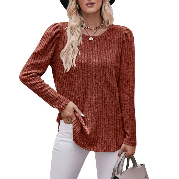 Color-Brown-Women round-Neck Puff Sleeve Brushed Sunken Stripe Solid Color Upper Clothes Long Sleeves T-shirt-Fancey Boutique