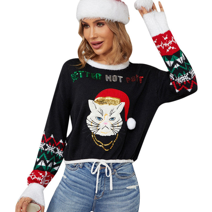 Color-Women Clothing Cute Kitten Embroidered Christmas Black Sweater Pullover Cropped Sweater-Fancey Boutique