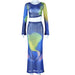 Color-Blue-Printed Tight Skirt Set Bell Sleeve Pleated Short Top High Waist Sheath Skirt Two Piece Suit-Fancey Boutique