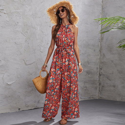 Color-Summer Halter Sleeveless Waist Wide-Leg Jumpsuit Women-Fancey Boutique