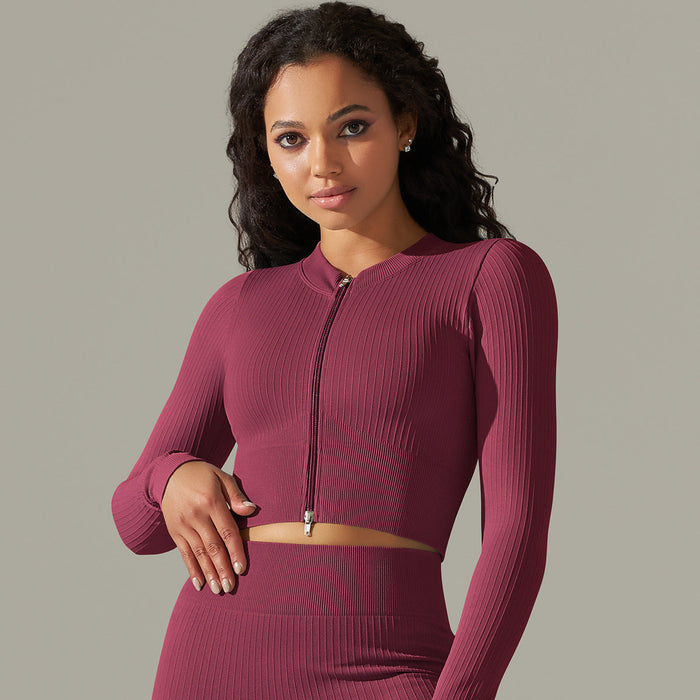 Color-Long Sleeve-Wine Red-Seamless Knitted Zipper Body Shaping Striped Yoga Clothes Long Sleeve High Elastic Tight Sports Running Fitness Clothes-Fancey Boutique