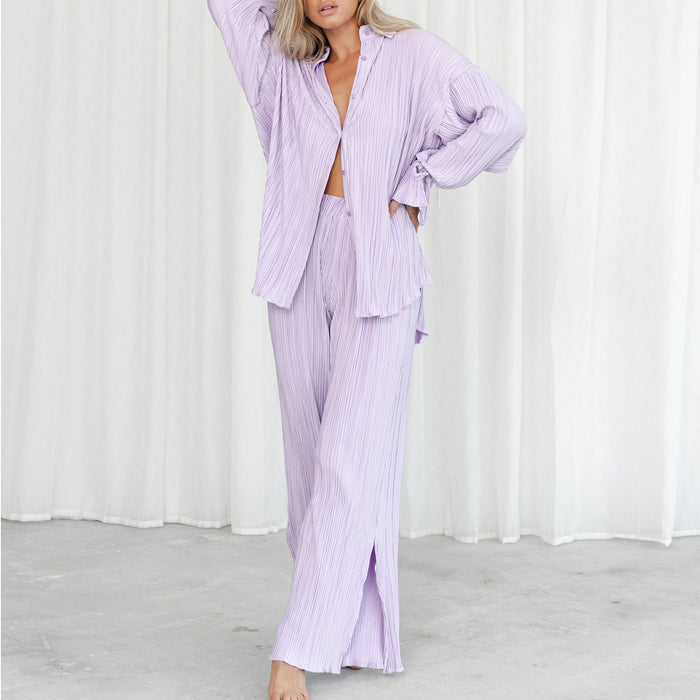 Color-Light Purple-Women Spring Summer Set Pleated Shirt Long Sleeve Collared Cardigan Split Trousers Pajamas Two Piece-Fancey Boutique