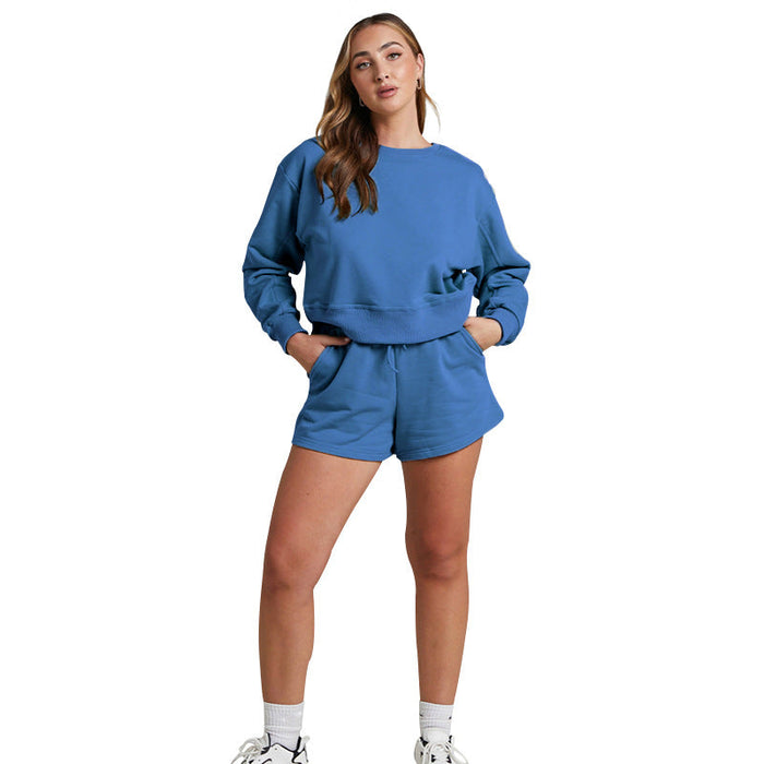Color-Blue-Solid Color Long Sleeve Sweaters Women Clothing Short Two-Piece Casual Shorts Suit-Fancey Boutique