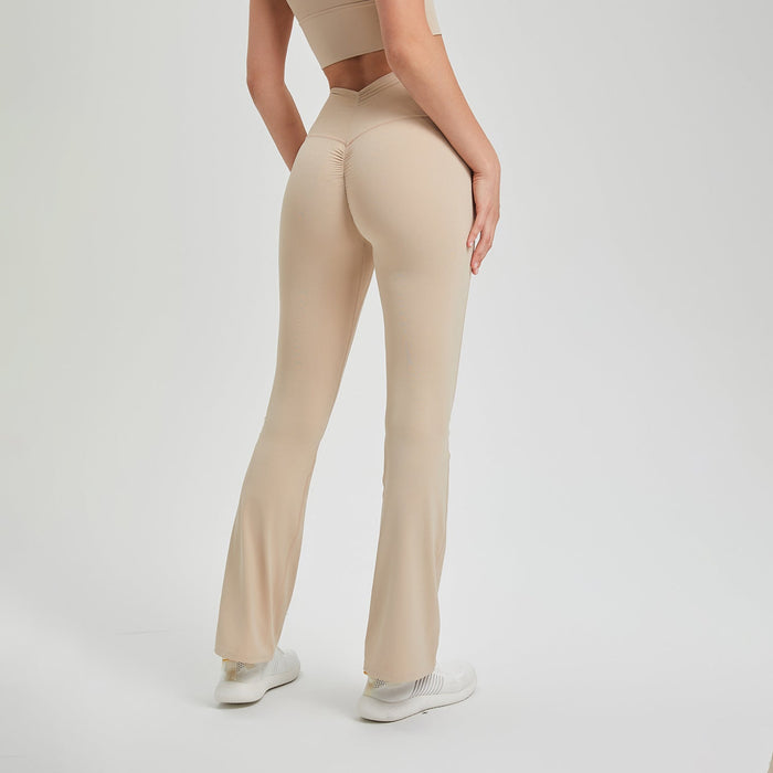 Color-Milk Tea Brown-Lycra High Waist Pleated Hip Lifting Anti Curling Nude Feel Yoga Pants Outer Wear Running Workout Pants Breathable Fitness Bell Bottom Pants-Fancey Boutique