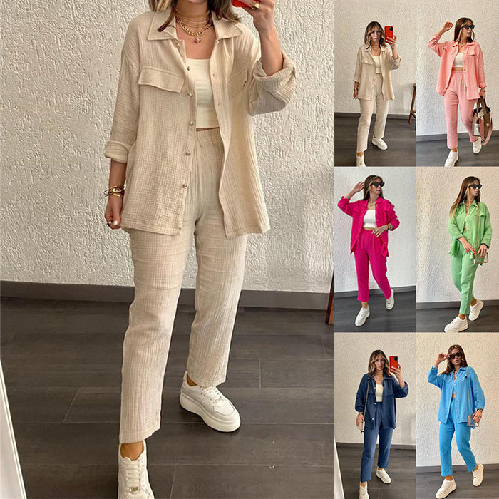 Color-Women Crepe Loose Collared Long Sleeves Shirt Straight Leg Pants Casual Suit Women-Fancey Boutique