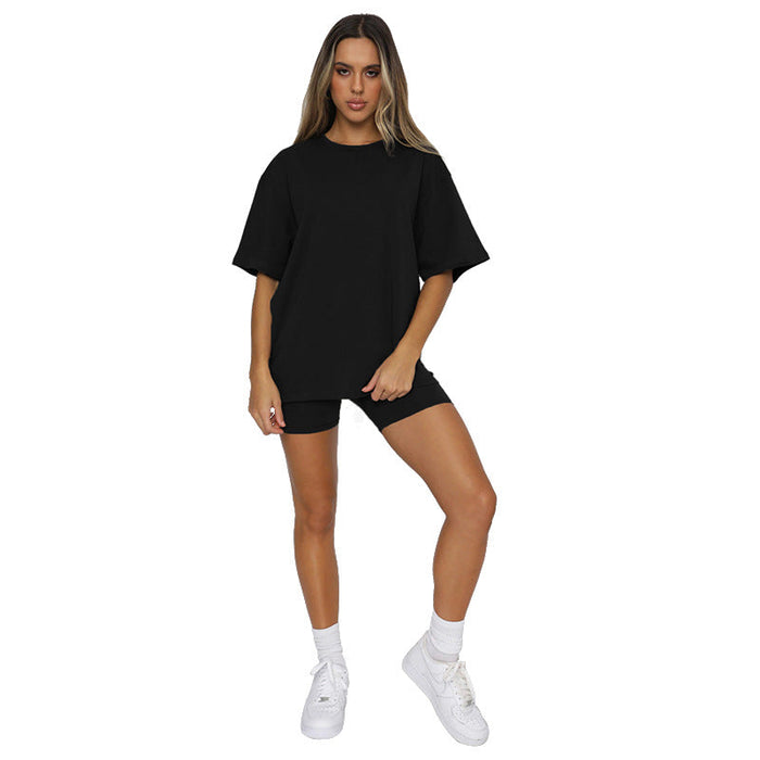 Color-Black-Summer Solid Color Short Sleeve round Neck Pullover Top Urban Casual Shorts Suit Women-Fancey Boutique