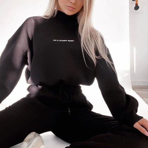 Color-Black-Fall Winter Casual Sweatshirt Outfit Alphabet Embroidery Turtleneck Top Drawstring Stitching Sweatpants Two Piece Set Women-Fancey Boutique