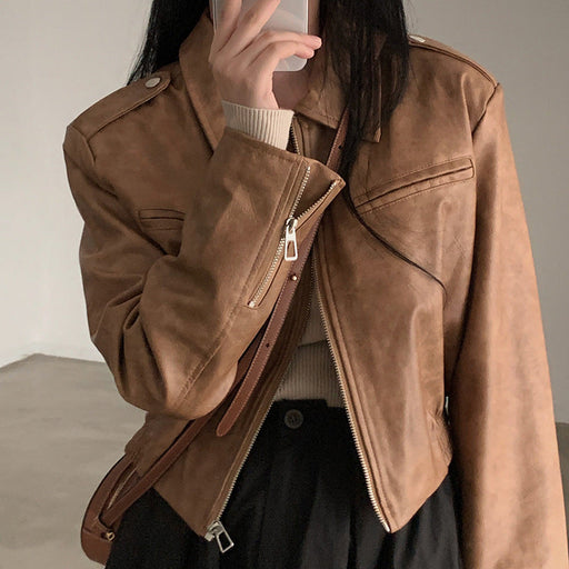 Color-Brown-Solid Color Zipper Small Loose Lapels Leather Coat Sexy Street Locomotive Casual Top-Fancey Boutique