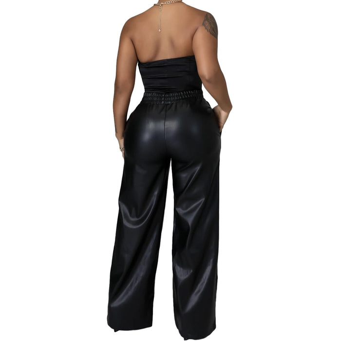 Color-Women Clothing Solid Color Loose Wide Leg Pocket Faux Leather Pants-Fancey Boutique