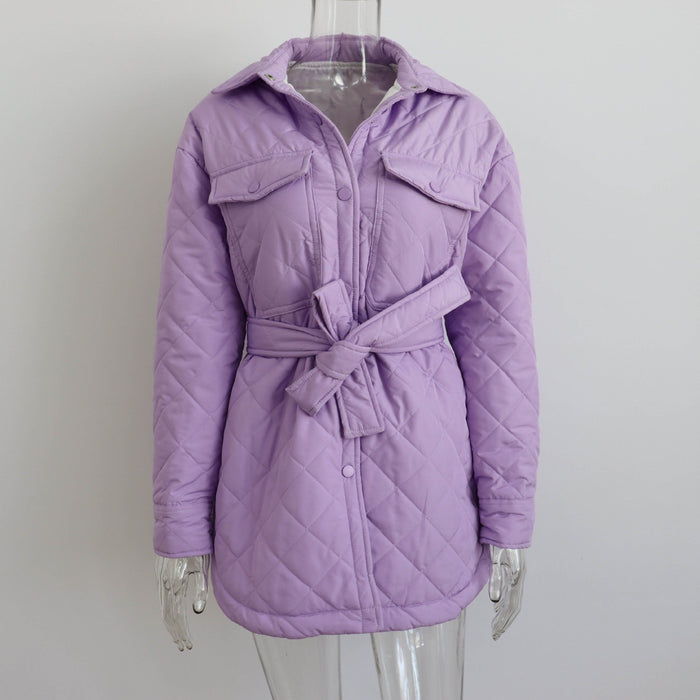 Color-Purple-Long Breasted Collared Loose Warm Rhombus Cotton Padded Coat Autumn Winter Wild Thickened Cotton Padded Coat for Women-Fancey Boutique