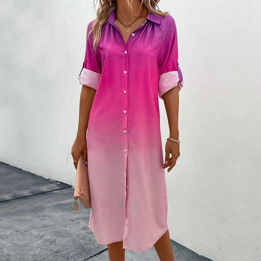 Color-Pink-Autumn Women Long Sleeve Gradient Shirt Dress-Fancey Boutique