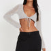 Color-Sexy Cutout Short Knitted Top Mesh Hollow Out Cutout out Long Sleeve Solid Color Tied Cardigan Outer Wear-Fancey Boutique