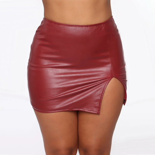Color-Burgundy-Women Skirt High Waist Hip-Wrapped Skirt Nightclub Faux Leather Zipper Sexy Black Leather Skirt-Fancey Boutique