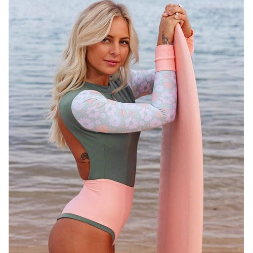 Color-Swimwear Solid Color Printed Patchwork Long Sleeves Surfing Suit Sexy Open Back Swimsuit Women Swimsuit-Fancey Boutique