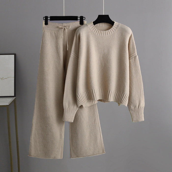 Color-Khaki-Autumn Winter Casual Knitting Work Pant Women Korean Loose Sweater Wide Leg Pants Pants Two Piece Set-Fancey Boutique