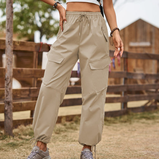 Color-Khaki-Street Loose Lace up Drawstring Elastic Waist Overalls Ankle Tied Trousers Casual Pants-Fancey Boutique