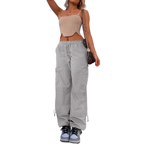 Color-Gray-Women Clothing Loose Tied Multi Bag Straight Stretch Workwear Casual Pants-Fancey Boutique