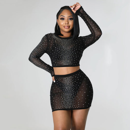 Color-Summer Women Clothing Sexy Mesh Drilling See through Long Sleeve Short Dress Two Piece Set-Fancey Boutique