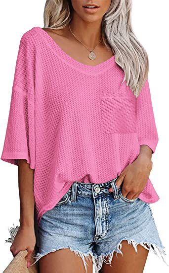 Color-Glittering Powder-Summer Women Clothing V neck Pocket Waffle Casual Short-Sleeved T shirt-Fancey Boutique