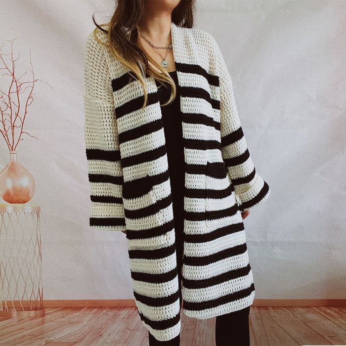 Color-Autumn Winter Loose Striped Pocket Mid Length Knitted Sweater Cardigan Coat-Fancey Boutique