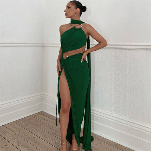 Color-Green-Fall Women Clothing Oblique Shoulder Sexy Cutout Design Evening Dress-Fancey Boutique