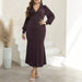 Color-plus Size Autumn Winter Sexy Graceful Women Dress V neck Long Sleeve Slimming Dress-Fancey Boutique