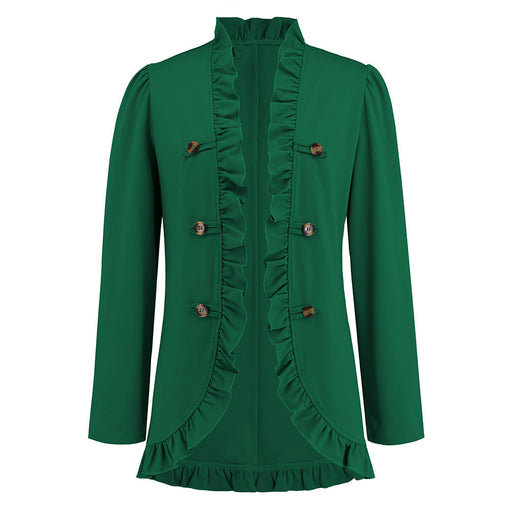 Color-Green-Women Ruffled Cardigan Button Small Coat Autumn Winter Long Sleeve Short-Fancey Boutique