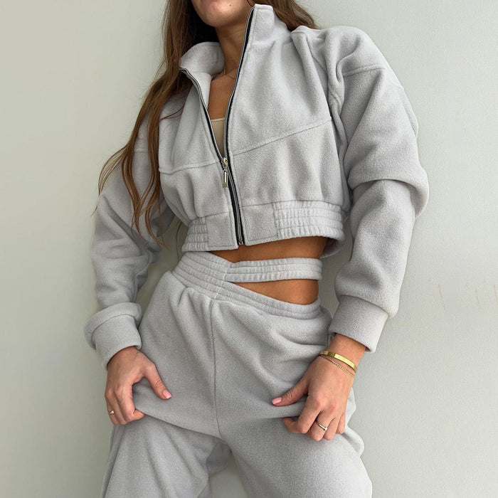 Color-Gray Top-Women Clothing Sexy Double Pants Sweater Suit Two Piece Collared Zipper Coat Personalized Ankle Tied Trousers-Fancey Boutique