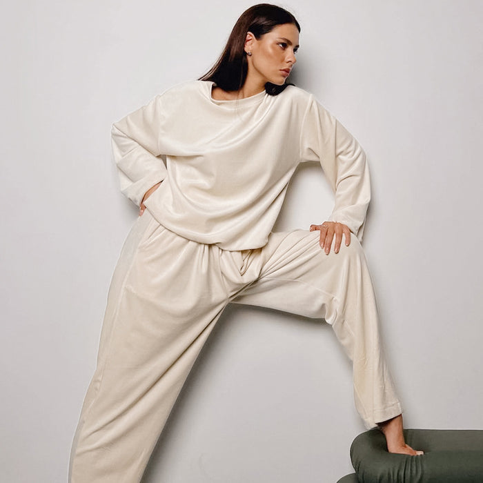 Color-Velvet Solid Color Warm Keeping Comfortable Wide Leg Pants Set Pajamas Winter Women Homewear Can Be Worn outside-Fancey Boutique