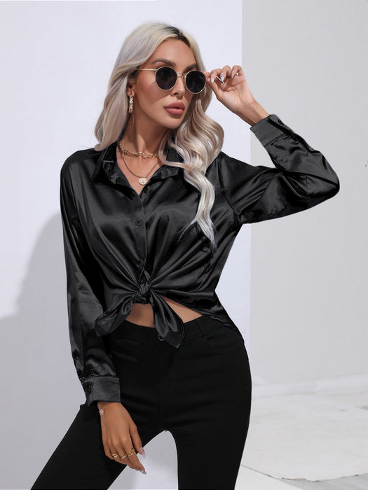 Color-Black-Satin Shirt Women Satin Artificial Silk Long Sleeve Shirt Spring Summer Women Clothing-Fancey Boutique