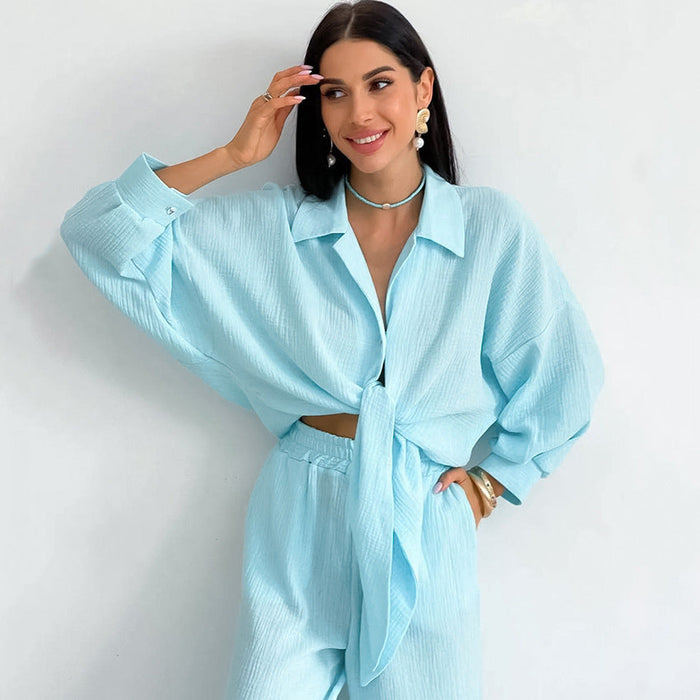 Color-Blue-Autumn Double Layer Gauze Pajamas Set Loose Wide Leg Pants Sweet Ladie Homewear Can Be Worn outside-Fancey Boutique