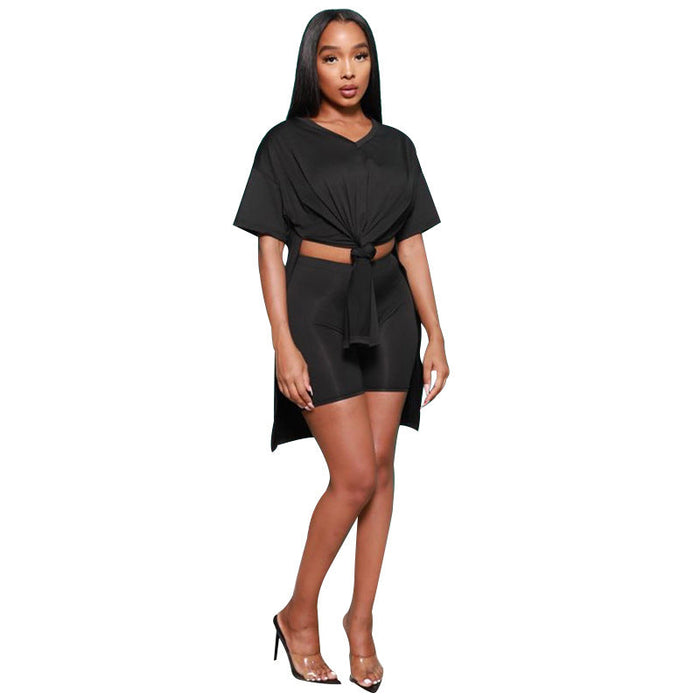 Color-Black-Summer Women Shorts Two-Piece Suit Casual Solid Color V-neck Short Sleeve Split Top Suit-Fancey Boutique