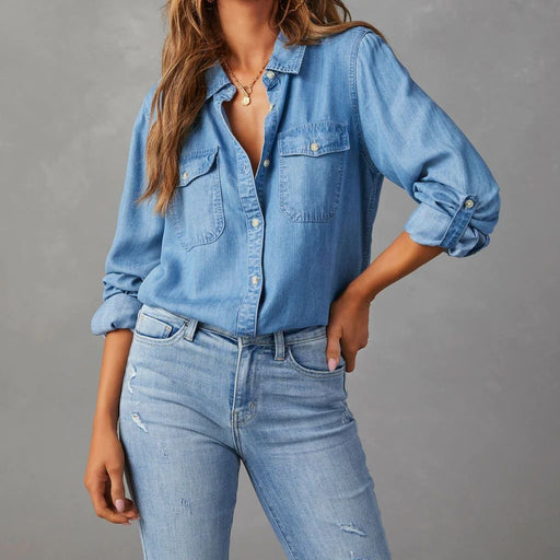 Color-Denim Shirt Autumn Casual Collared Single Breasted Women Long Sleeved Denim-Fancey Boutique