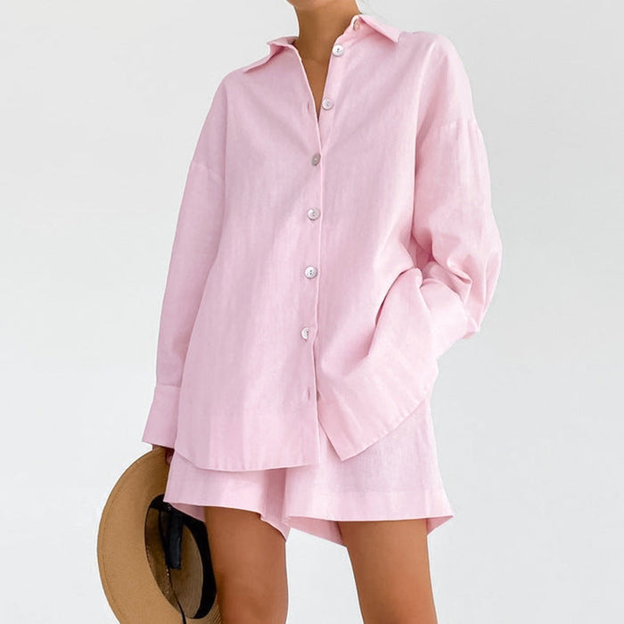 Color-Pink-Cotton Linen Autumn Winter Pajamas Long Sleeve Loose Shorts Two Piece Suit Outerwear White Ladies Homewear-Fancey Boutique
