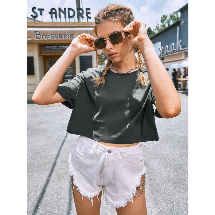 Color-Dark Grey-White Short T shirt Women Summer Trendy Solid Color Loose Slimming Short Sleeve T shirt BM Cropped Outfit Top-Fancey Boutique