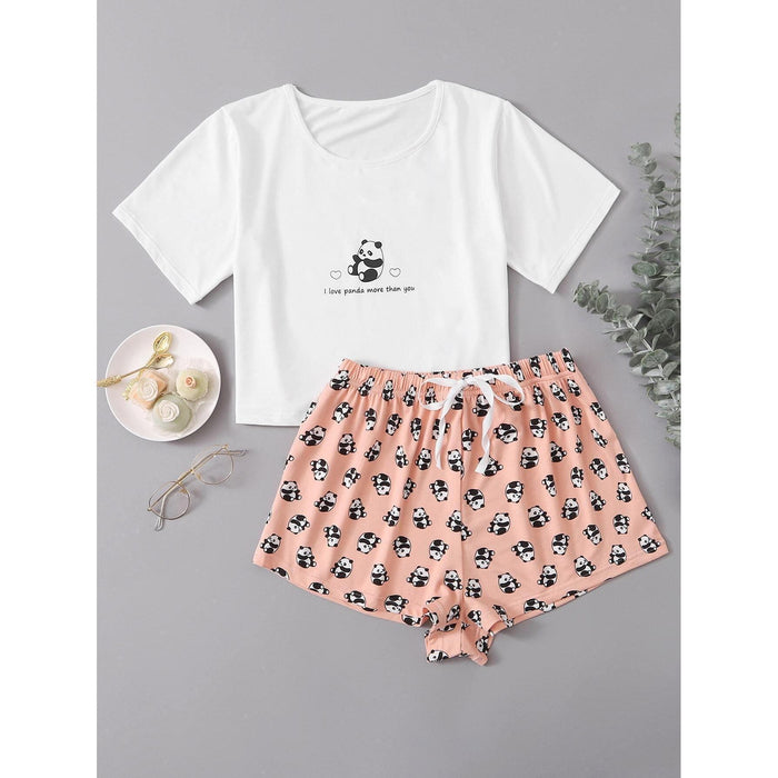 Color-Home Wear Panda Printing Cropped Short Sleeve Top Shorts Two Piece Set Pajamas Suit Pajamas-Fancey Boutique