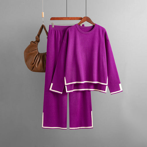 Color-Purple-Autumn Winter Elegant Contrast Color Split Long Sleeve Knitting Suit High Waist Slim Fit Wide Leg Pants Two Piece Set-Fancey Boutique